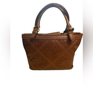 Vintage-Style Brown Faux Leather Handbag Small Tote Purse‎ w/ Cutout Detail Y2K